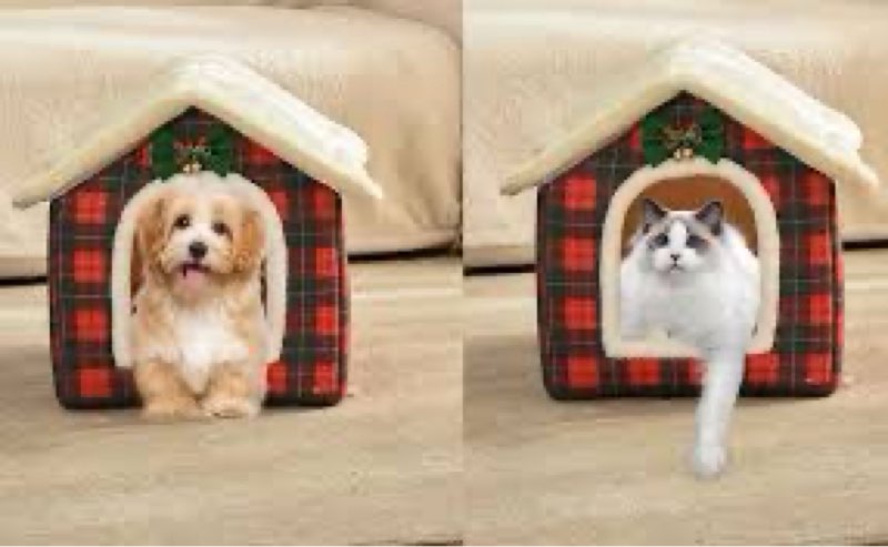 GPPSUNGD Christmas Cat Bed for Indoor Cats Plaid Xmas Cat Tent Cats Bed Cave for Pets Kittens and Do