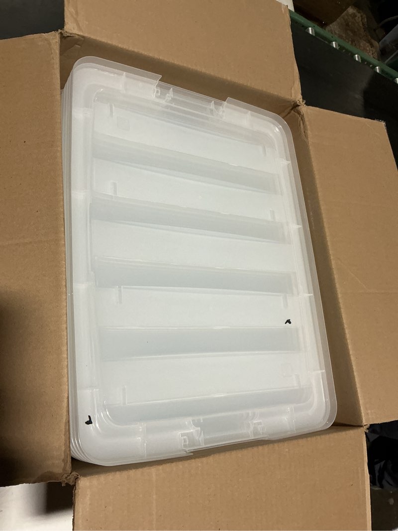 Condition photo showing As Is for IRIS USA 54 Qt Stackable Plastic Storage Bins with Lids, 6 Pack - BPA-Free, Made in USA - See-Through Organizing Solution, Latches, Durable Nestable Containers, Secure Pull Handle - Clear Clear 54 Qt 6 Pack