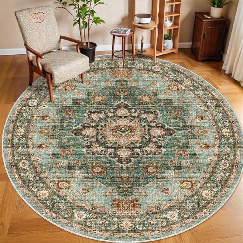 washable oriental area rug - round rugs for living room soft carpet for bedroom waterproof floral distressed indoor stain resistant non-shedding floor carpets 