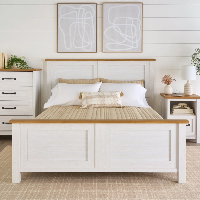 (Incomplete ) Better Homes & Gardens Modern Farmhouse Queen Platform Bed, Alabaster and Light Honey Finish