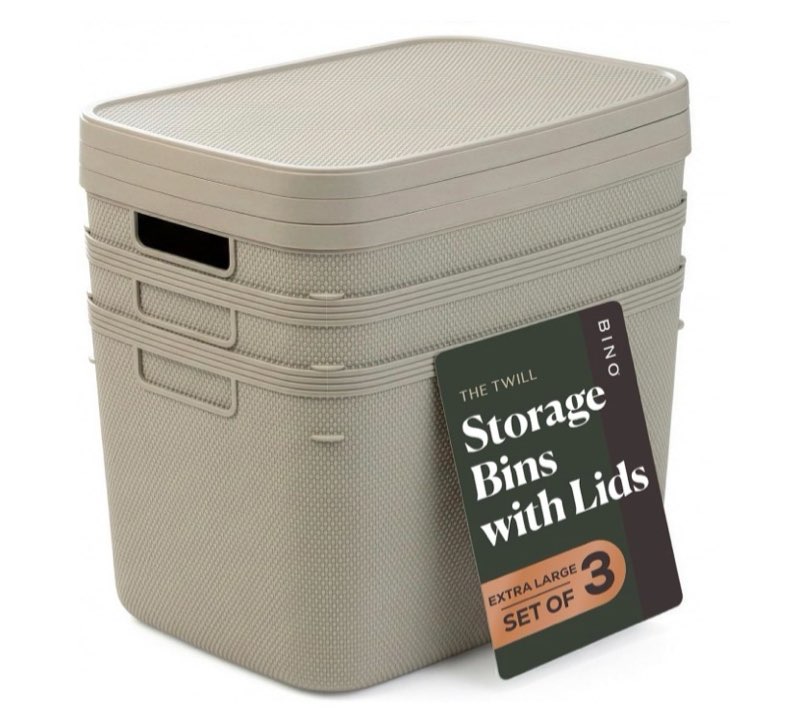 bino | plastic storage bins with lids, 20 liter - 3 pack, taupe | the twill collection | plastic bin