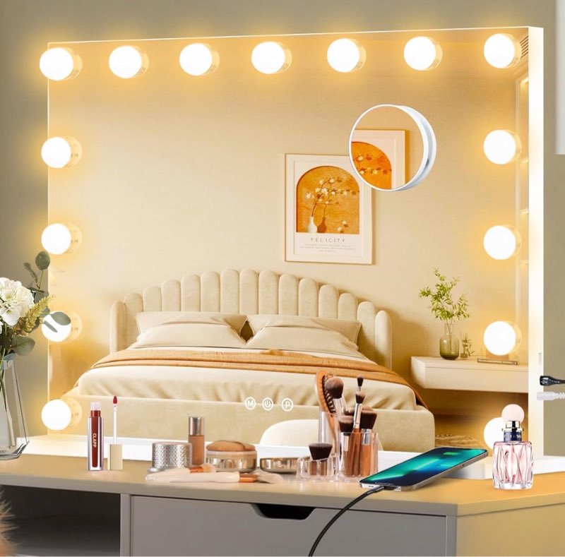 Moonee Vanity Mirror with Lights, Hollywood Lighted Makeup Mirror with 15 Dimmable Bulbs and 10X Magnification, 3 Colors Modes, Aluminum Metal Frame, Light Up Mirror for Tabletop or Wall?23" x 18"?