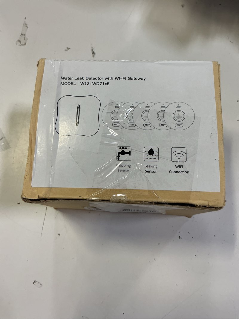 Condition photo showing New/Like New for WiFi Water Leak Detectors 5 Pack, 120dB Adjustable Loud Water Leak Sensor, Wireless Wi-Fi Water Leak & Drip Alarm, App Alerts, 5 Water Alarm Sensors & 1 Hub for Home Kitchen, Bathroom, Sink, Laundry water alarm *5+Hub