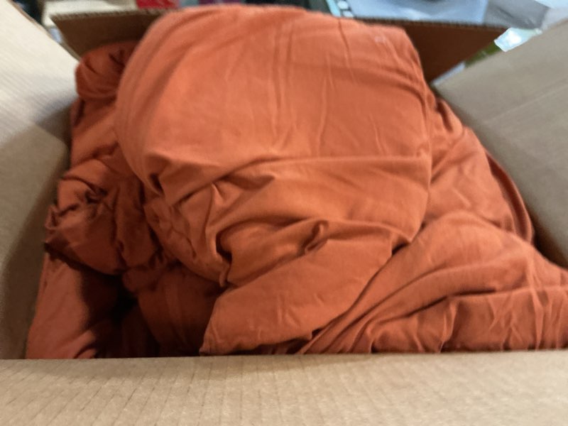 Condition photo showing As Is for CozyLux Terracotta King Size Comforter Set, 3 Pieces Burnt Orange Rust Solid Breathable Quilted Bedding Sets, Luxury Fluffy Soft Bed Set with Down Alternative Comforter and 2 Pillowcases All Season