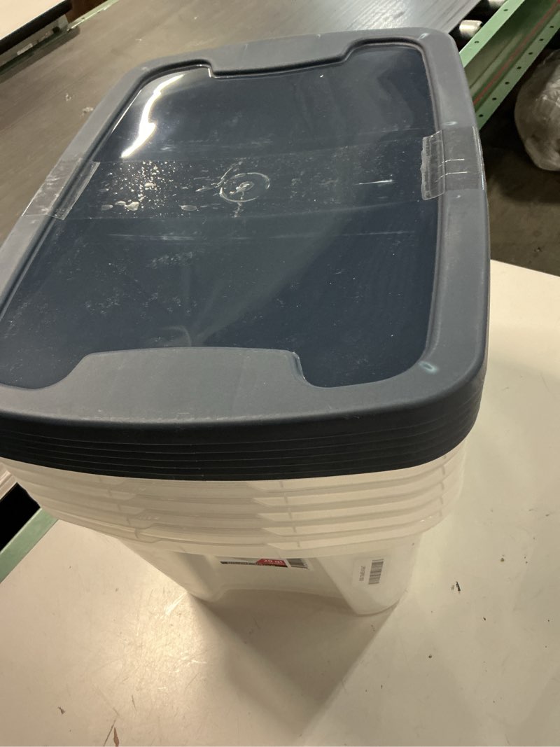 Condition photo showing Good Condition for edge plastics classic storage tote, durable storage in for home or garage with secure snap lid designe for stacking (6, clear with ink lid, 5 gallon) clear with ink lid 5 gallon 6