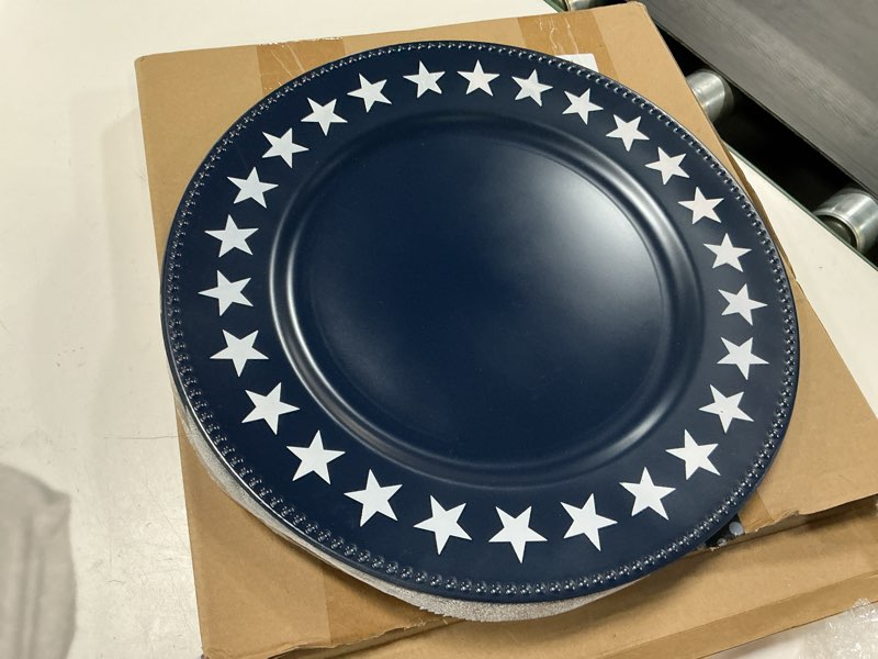 Condition photo showing New/Like New for yungyan 6 pcs 250th anniversary patriotic charger plates 13 inch 4th of july round navy blue star plastic plates large charger plate for party decorations dinner tableware supplies americana blue