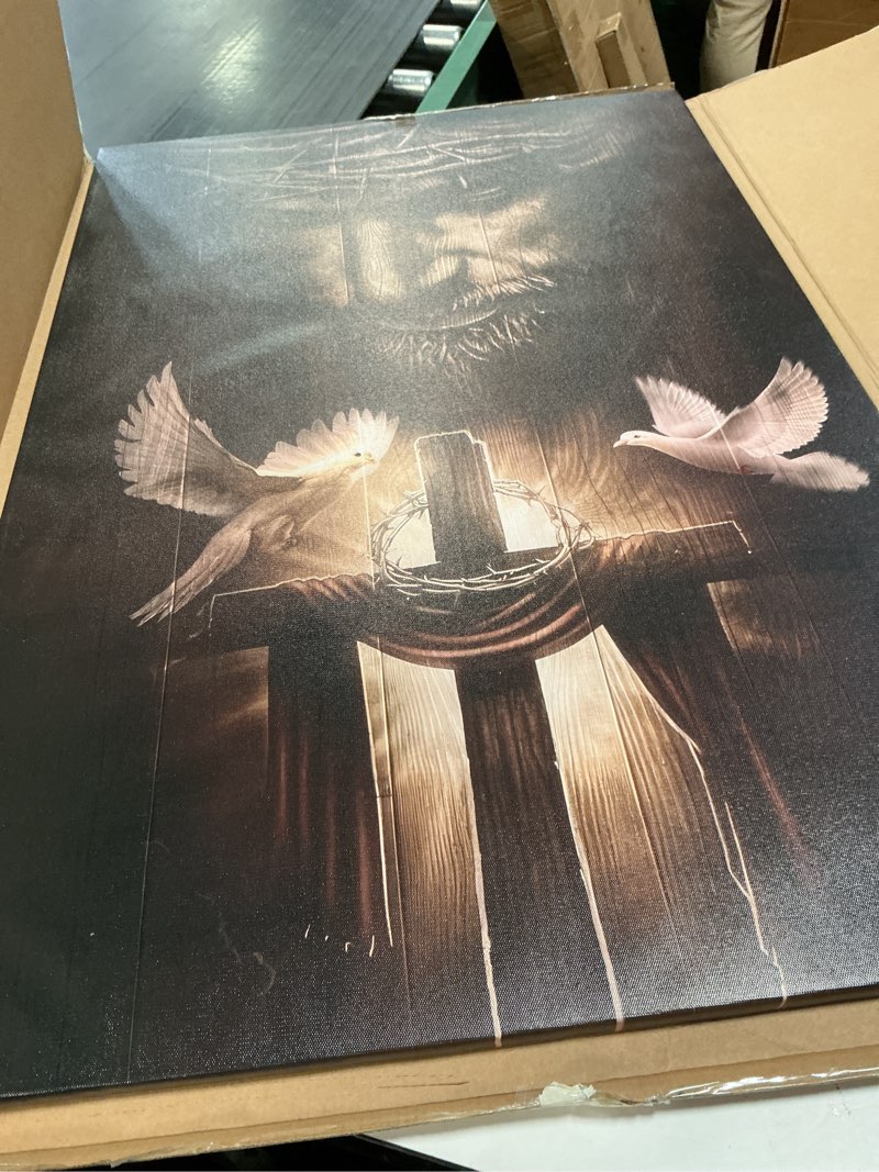 Condition photo showing As Is for Fchen Art Christian Jesus Canvas Wall Art - Jesus And The Cross, Dove Of Peace - Wall Decor, Ready To Hang - 12x16 inch