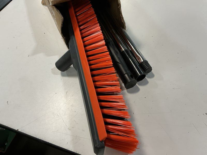 Condition photo showing Good Condition for 18" push broom outdoor with rubber squeegee,heavy duty broom brush with handle,stiff bristles for patios and deck dirt garage warehouse driveway concrete floor cleaning scrubbing