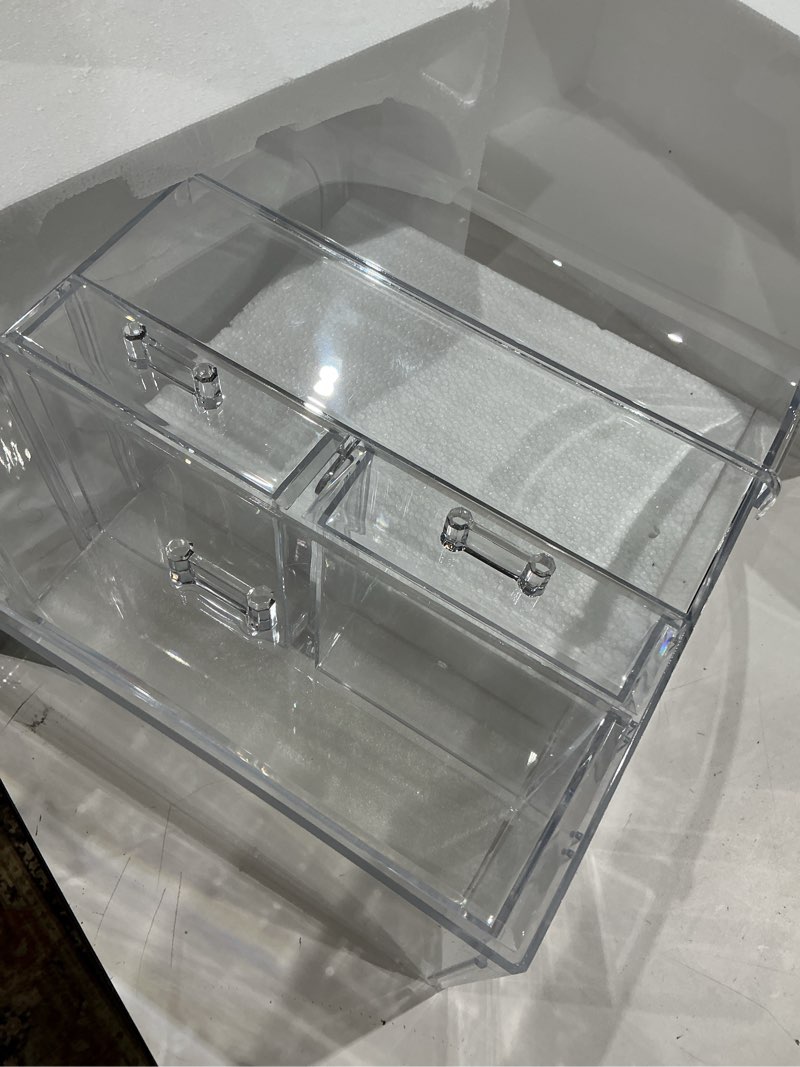 Condition photo showing As Is for clear large acrylic makeup organizer with lid cosmetic storage drawers portable makeup organizers dustproof and waterproof box for women (14in)