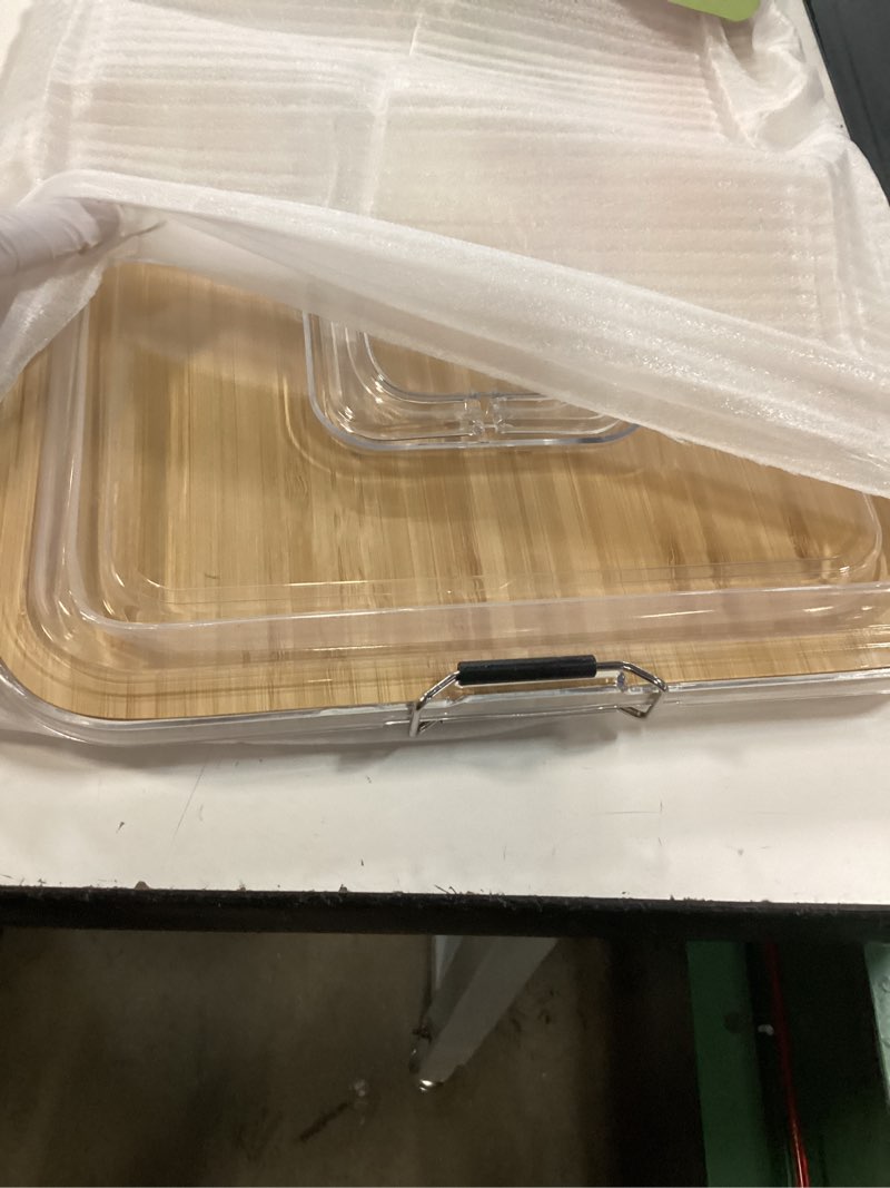 Condition photo showing Good Condition for charcuterie boards with foldable lid, portable bamboo cheese board with single compartments, clear locking lid and handle, easy to store, suitable for picnics, camping, parties 1 compartment