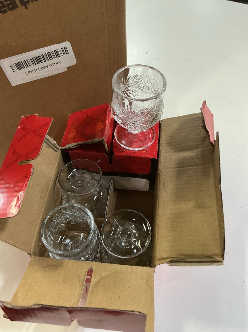 Condition photo showing Good Condition for 1.75 oz shot glasses set fancy cute shot glasses cordial crystal shot glassware clear embossed glass snifters drinkware for wine sherry vodka cocktail beverage wedding party bar supplies (24 pieces)