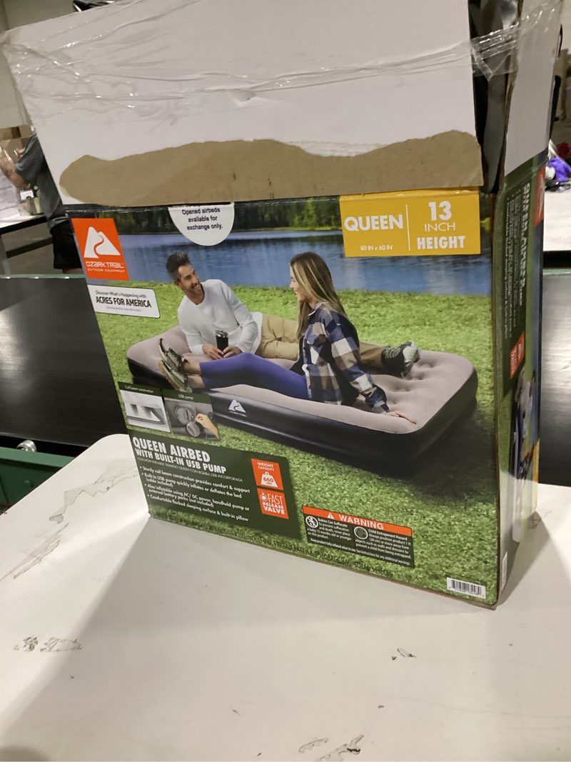 Condition photo showing As Is for ozark trail 13" queen indoor & outdoor air mattress with built-in usb pump