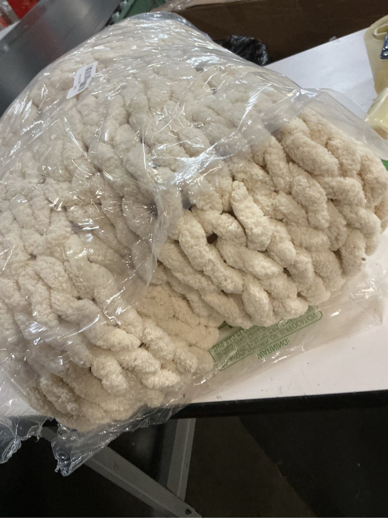 Condition photo showing As Is for bigacogo chunky knit throw blanket for couch, 40x80 inches, 100% hand knitted with thick jumbo chenille yarn, cozy soft large rope knot cable crochet blankets for sofa bed living room, beige beige 40"x80" (special size throw)