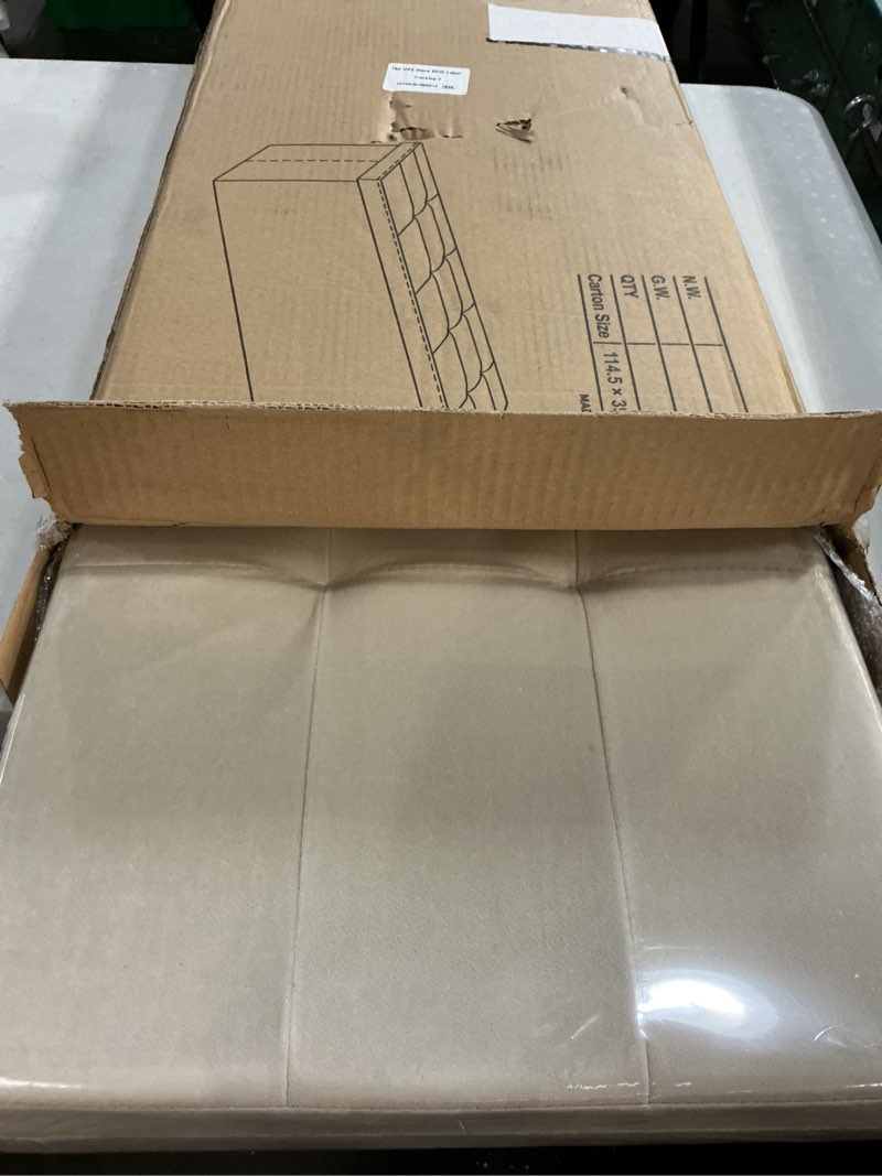 Condition photo showing New/Like New for songmics mazie collection - 43 inches folding storage ottoman bench, ottoman foot rest, end of bed bench, storage chest, load 660 lb, for living room, bedroom, entryway, cream white ulsf77be cream white 15"d x 43"w x 15"h