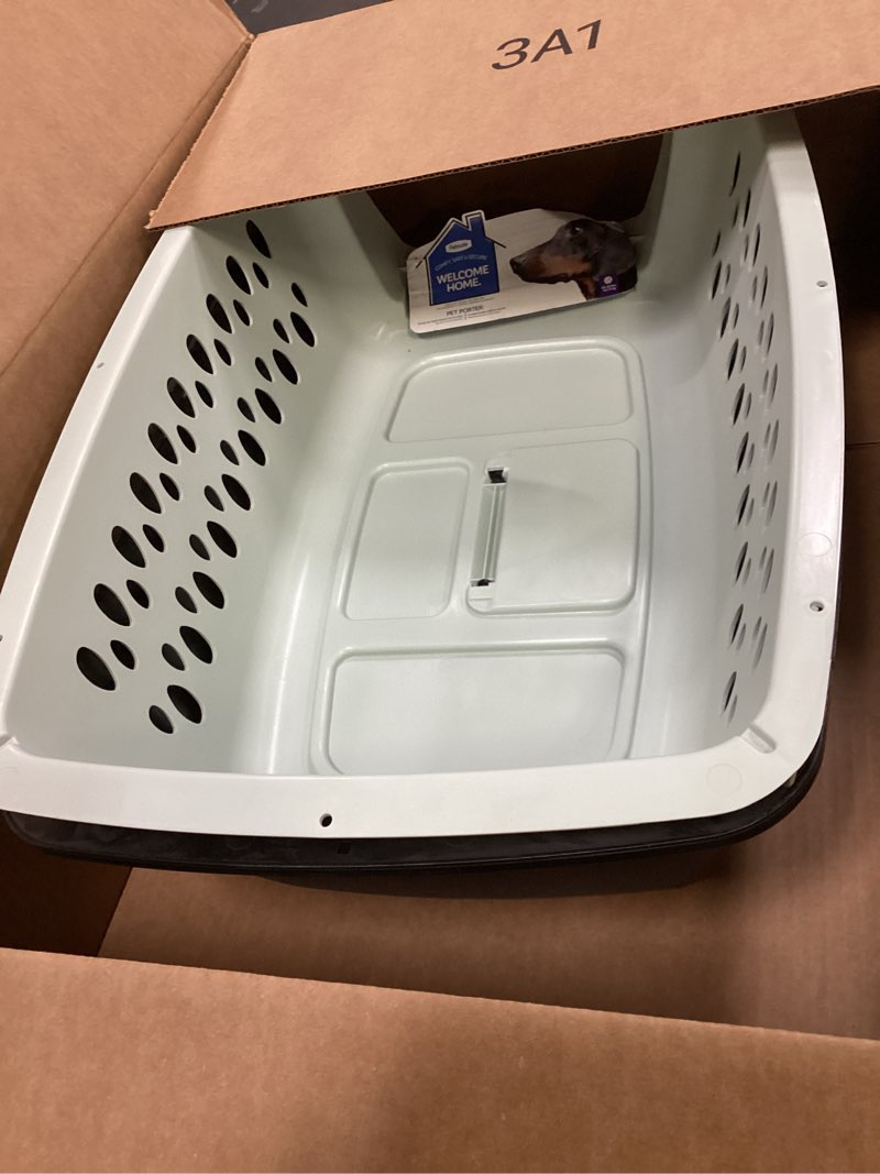 Condition photo showing Good Condition for petmate pet porter fashion dog kennel plastic crate for pets 15-20 lbs, pet carrier for home and travel, made in usa, 24" l x 14.5" h, pale aqua and black 24.1"l x 16.7"w x 14.5"h aqua blue/black