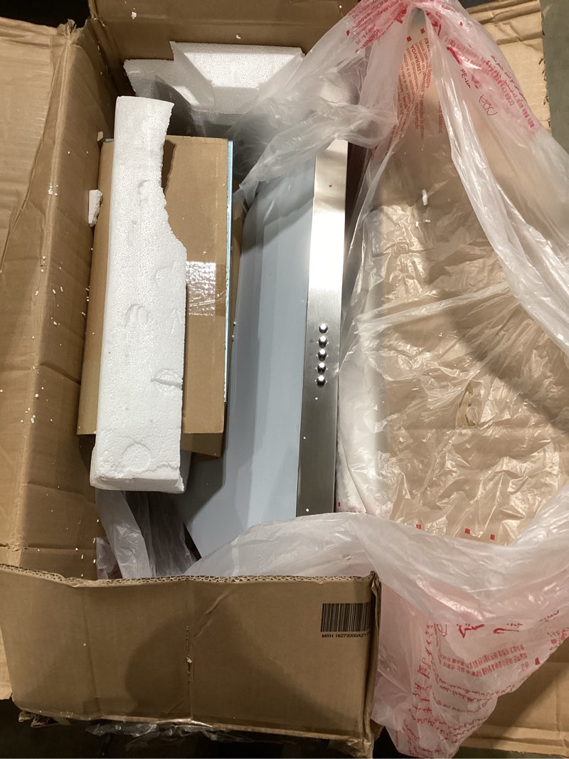 Condition photo showing As Is for COMEEE' CVP36W6AST 36 Inch Ducted Pyramid Range 450 CFM Stainless Steel Wall Mount Vent Hood with 3 Speed Exhaust Fan, 5-Layer Aluminum Permanent Filters, Two LED Lights, Convertible to Ductless