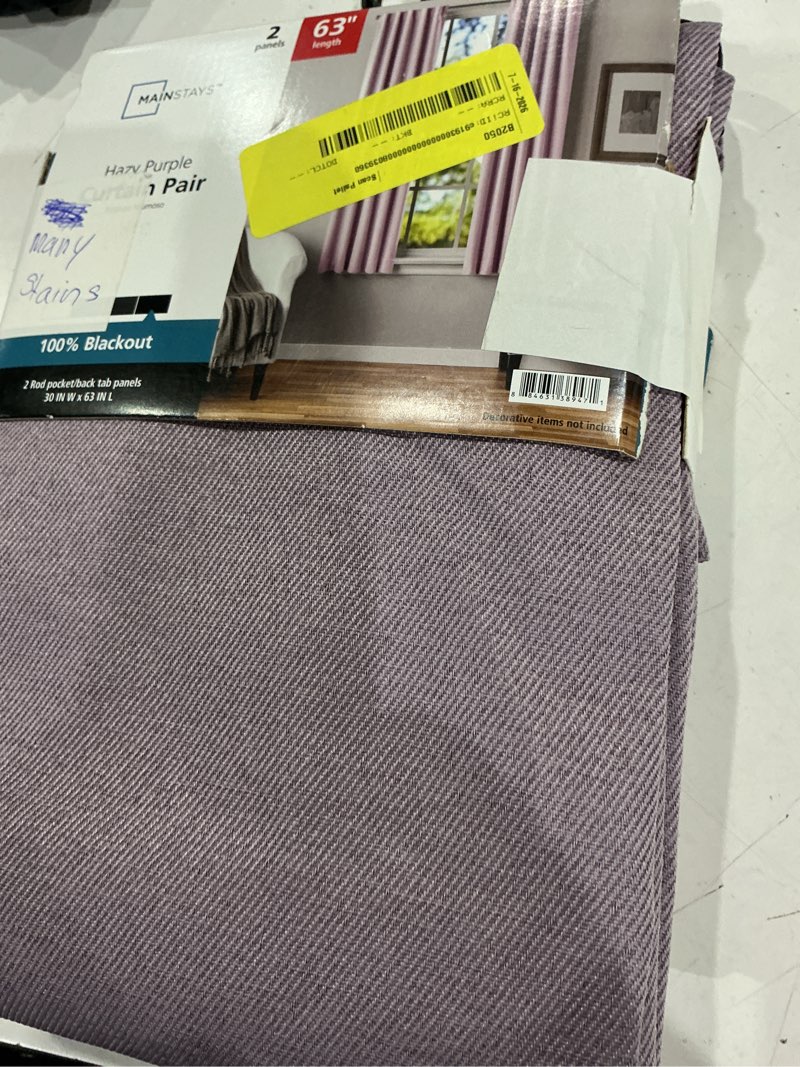 Condition photo showing As Is for mainstays hazy purple solid blackout rod pocket with back tabs curtain panel pair  set of 1  30  w x 63  l