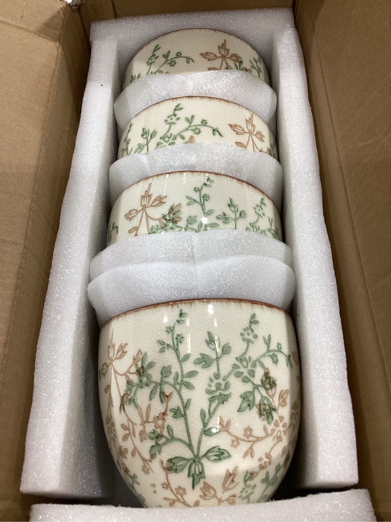 Condition photo showing Good Condition for retro ceramic garden pots, 5.8 inch plant pots with drainage and attached saucer set of 4, chinoiserie floral large flower pots for home decor, plant lover gifts, white green green and white 5.8 inch, set of 4