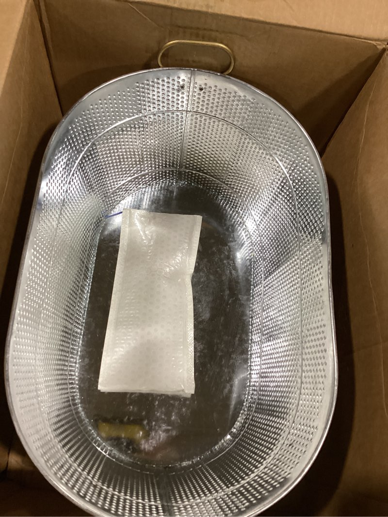 Condition photo showing Good Condition for 18” stainless steel beverage tub - 5 gallon - gold handles & shovel included - holds 30 bottles & stays cold for hours - use as wine bottle chiller to beer bucket holder - leak proof (gold)