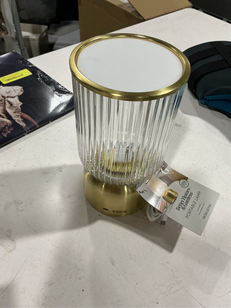 Condition photo showing As Is for better homes & gardens 9 inch height glass uplight, touch switch, usb-c charging cable included