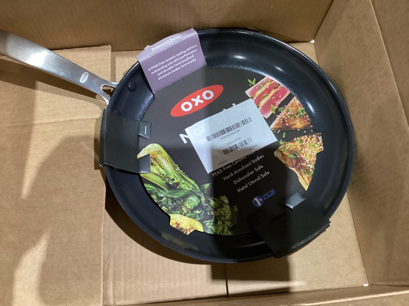 Condition photo showing Good Condition for OXO Enhanced 12" Frying Pan Skillet, PFAS-Free Ceramic Nonstick, Durable Hard Anodized Cookware, Scratch Resistant, Stainless Steel Handle, Good Grips, Dishwasher & Oven safe, Black