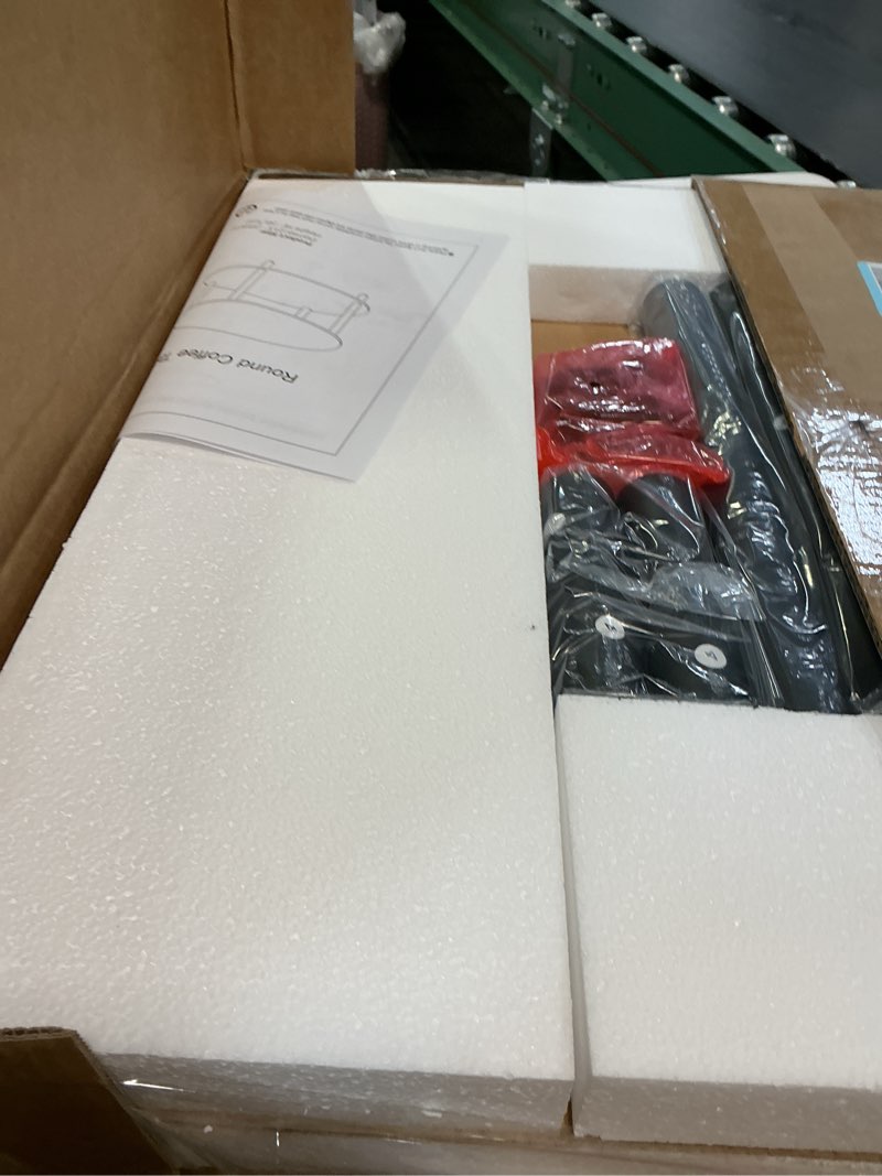 Condition photo showing New/Like New for small round coffee table for small space, 23.5" 2-tier rustic brown wooden coffee table with open storage for living room/balcony/office, metal legs, easy to assemble 23.5"(d)*18.1"(h) rustic brown