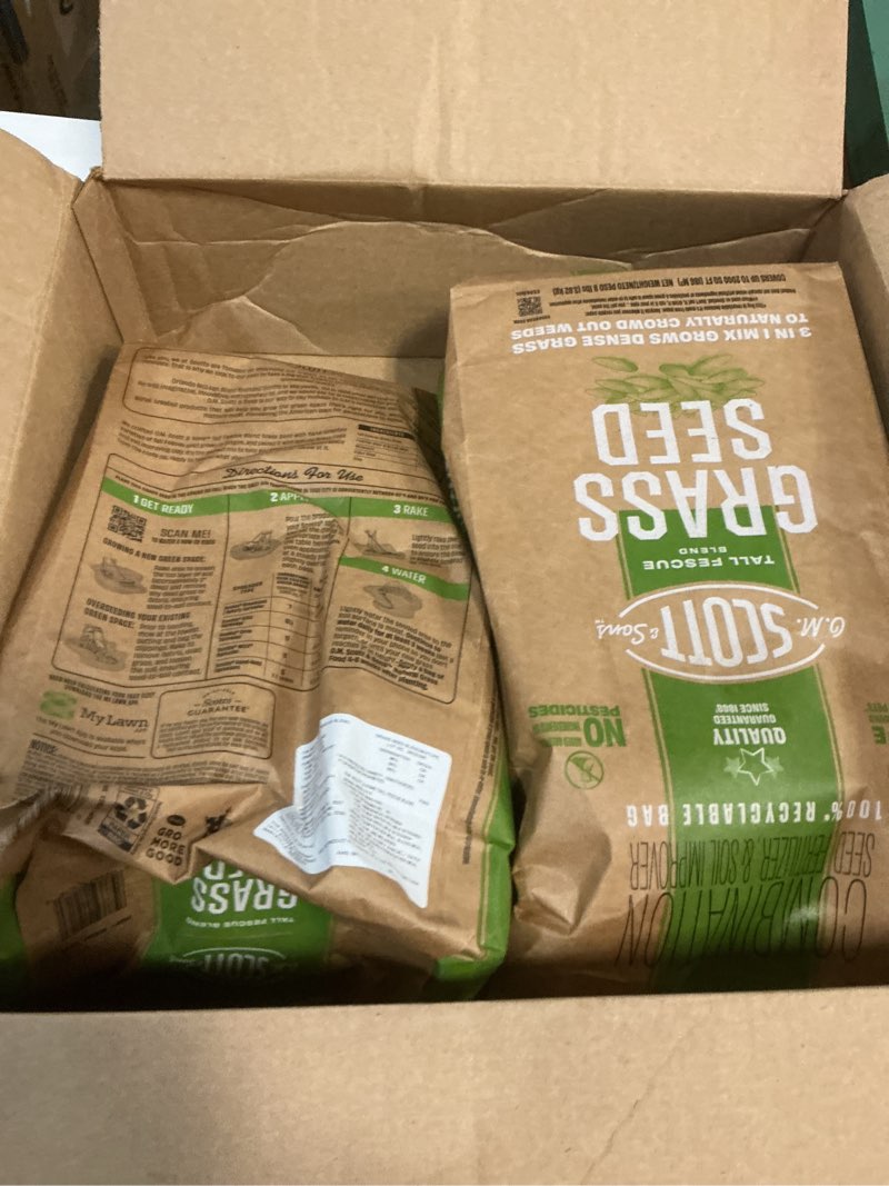 Condition photo showing New/Like New for o.m. scott and sons tall fescue blend grass seed, fertilizer and soil improver, naturally crowds out weeds, covers up to 2,000 sq. ft., 8 lbs., 2-pack 2 pack tall fescue