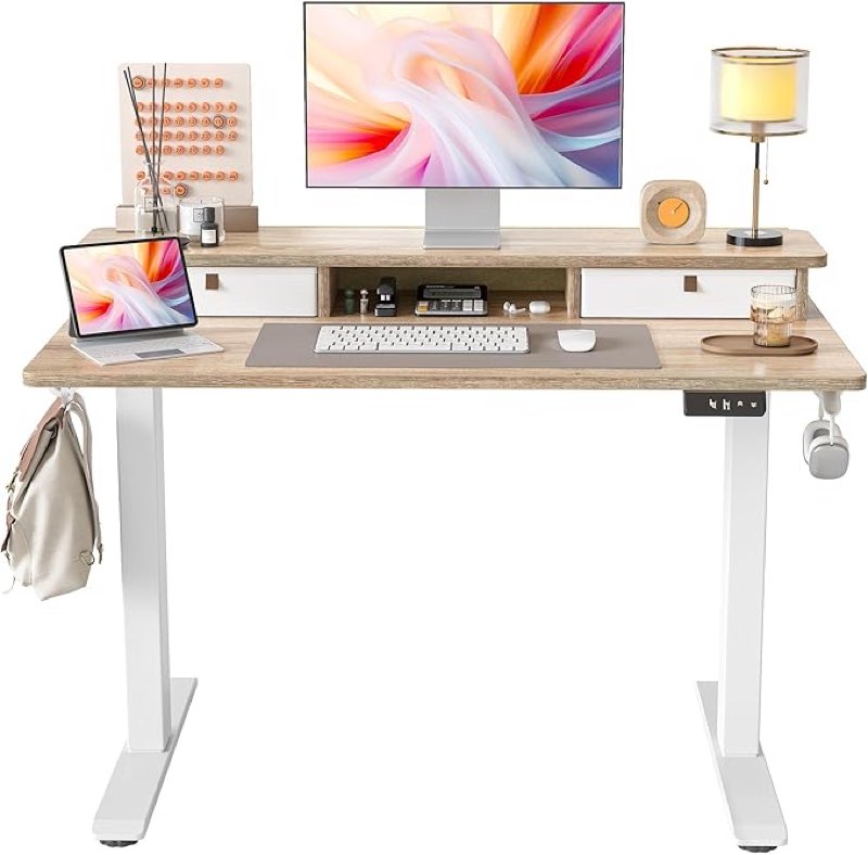 TIQLAB 48 * 24 Inch Standing Desk with Two Drawers, Stand Up Standing Desk Adjustable Height, Electric Sit Stand Table with Storage Shelf and Splice Board, Maple