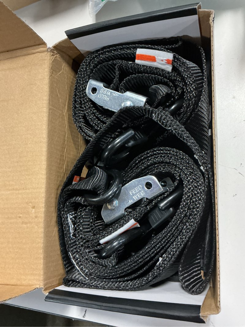 Condition photo showing Good Condition for 2pk 1.5" x 8ft motorcycle tie down straps, 3,000lb break strength, heavy duty cambuckle, safety s-hooks & soft loops for dirt bike, atv, utv, boat, and kayak, durable and easy to use, black