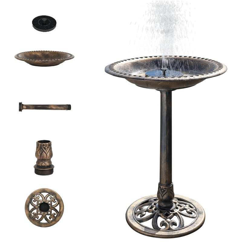 VINGLI 28" Bird Bath with Solar Power Lightweight Antique Outdoor Garden
