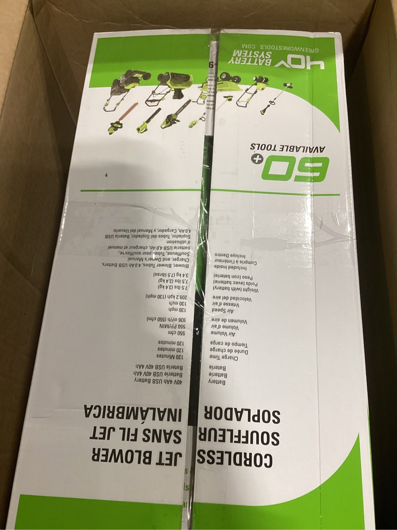 Condition photo showing New/Like New for greenworks 40v (130 mph / 550 cfm ) brushless axial leaf blower, ultra-powerful for wet leaves, heavy debris, gravel and driveway snow, includes 4.0ah battery and charger 130 mph / 550 cfm brushless blower, 4.0ah
