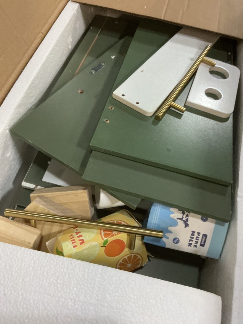 Condition photo showing As Is for robotime wooden toy fridge - play kitchen set with accessories, kitchen playset interactive refrigerator for pretend play fridge for kids, toddler kitchen appliance (vintage green)