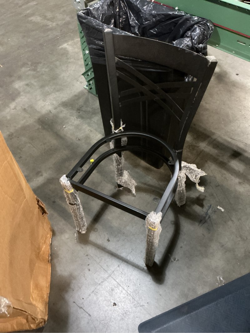 Condition photo showing As Is for (incomplete missing part)  flash furniture hercules series \\\\\\\"x\\\\\\\" back metal restaurant chairs, modern upholstered armless dining chairs for restaurants/kitchens, set of 1, black black vinyl seat/black metal frame set of 1
