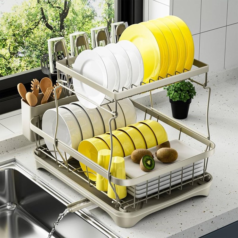 Dish Drying Rack 2-Tier Dish Racks for Kitchen Counter, Adjustable Spout Auto-Draining Dish Rack, Large Capacity for Plates, Bowls, Cups, Tableware, Dish Drainer with Drainboard,Grey 2 Tier - Grey Metal