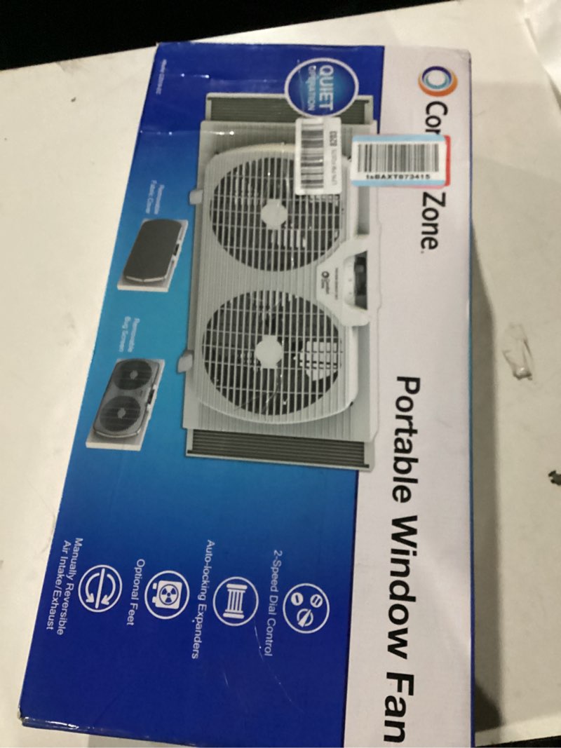 Condition photo showing New/Like New for Comfort Zone Twin Window Fan with Reversible Airflow Control, 9 inch, Auto-Locking Expanders, 2 Speed Fan, Dual Fan, Exhaust, Airflow 9.84 ft/sec, Ideal for Home, Kitchen, Bedroom & Office, CZ319WT White 9"