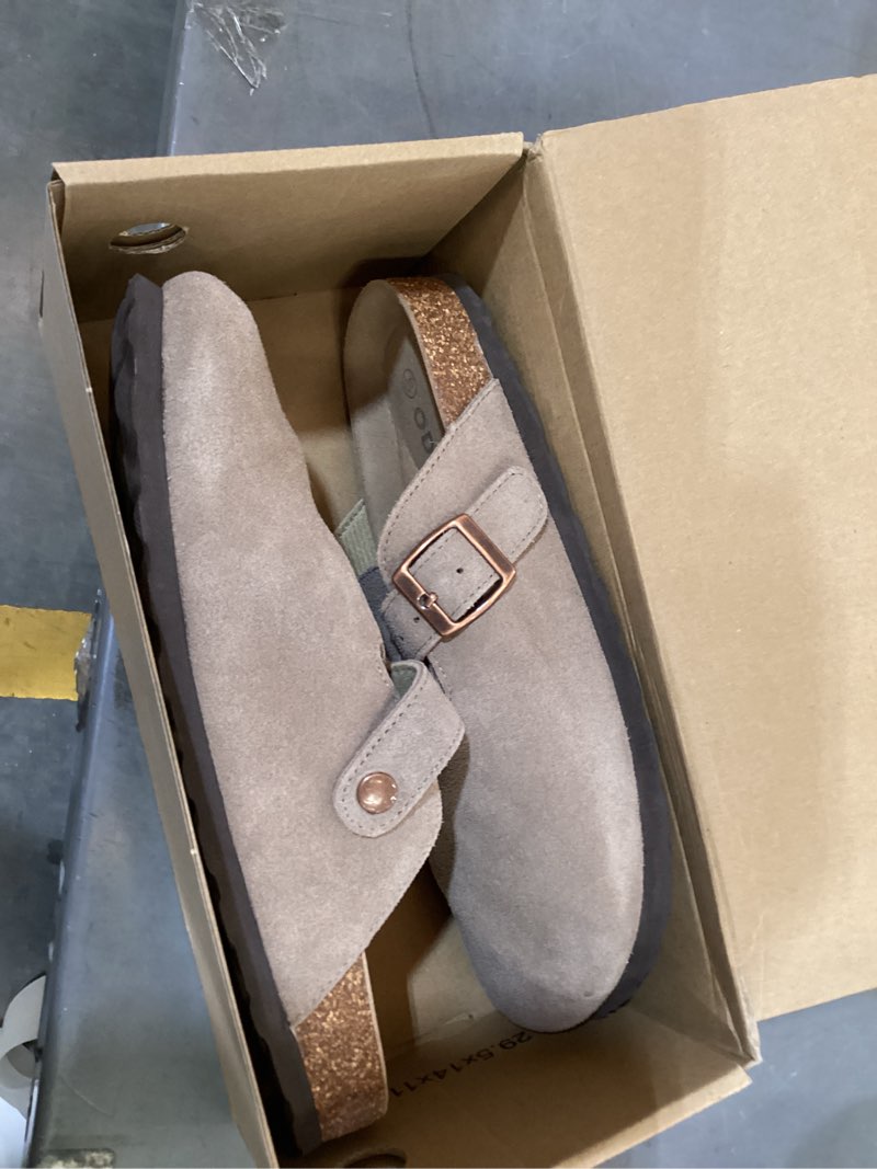 Condition photo showing New/Like New for odoly genuine suede clogs for women men soft cork footbed leather mules comfort potato shoes with arch support 8.5-9 women/7-7.5 men mocha