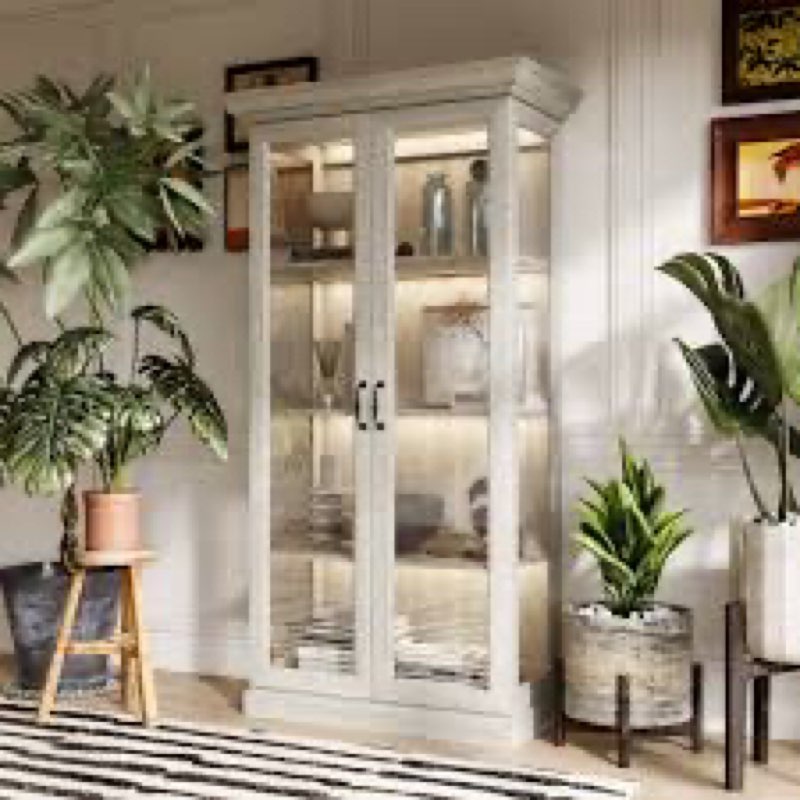 Modern Lighted China Cabinet With Tempered Glass Doors, LED Lighting, And Adjustable Shelves – Warm Oak Finish