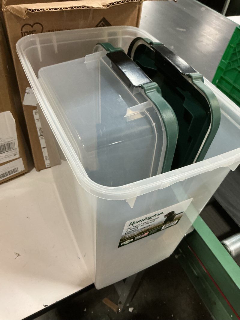 Condition photo showing New/Like New for iris usa remington 2 piece clear plastic food storage container | 30 lbs, 11 lbs | airtight, stackable, wheels | food storage, treat box | 2-cup scoop