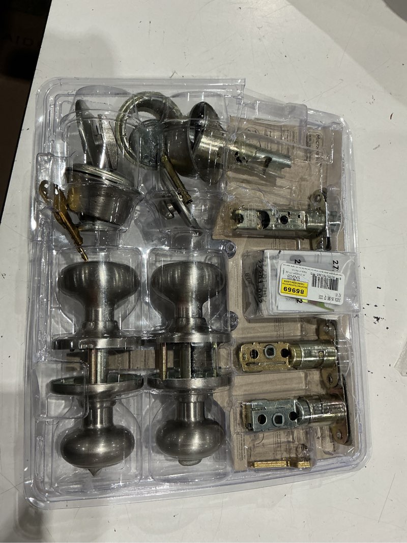 Condition photo showing As Is for kwikset smartkey security classic satin nickel entry knob and single cylinder deadbolt kw1 2-3/4 in.