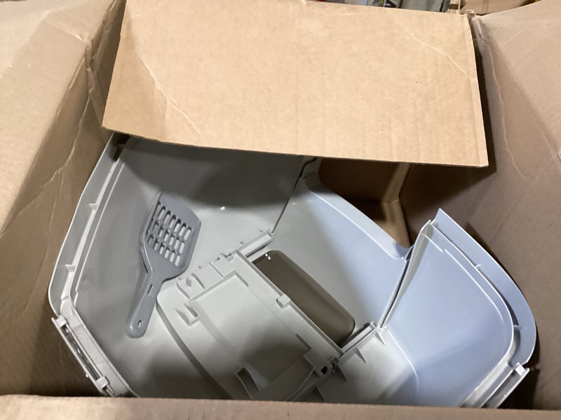 Condition photo showing As Is for iris usa cat litter box - enclosed corner litter box with scoop, hooded litter tray for corners, space-saving covered litter box, odor defensive, gray corner enclosed gray