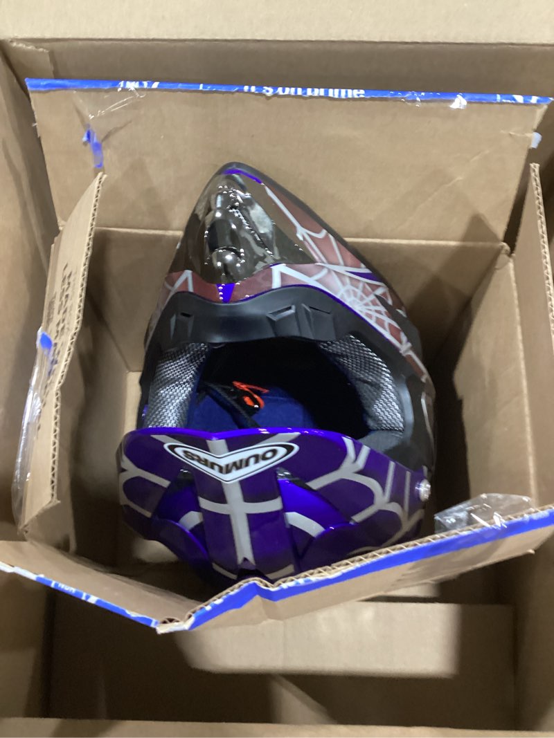 Condition photo showing As Is for Youth Dirt Bike Helmet DOT Certified for Boys & Girls Ages 5-14, Four Wheeler, Motocross, BMX, MX, UTV, Go Kart, Racing, Skateboard, Baseball Blue Cobweb Large