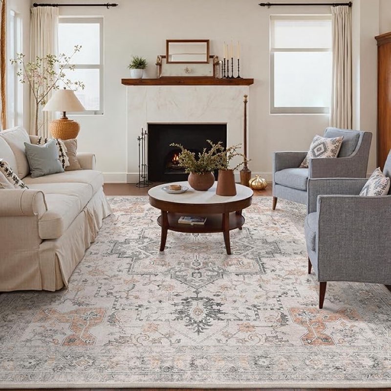 ( similar )genimo 6x9 area rugs for living room, machine washable low pile rugs, chenille non alip vintage rug for bedroom, dining room, home office, light taupe brown