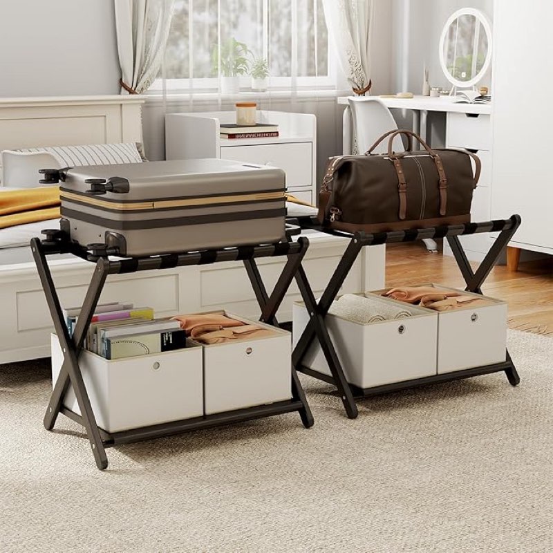 1 pack fully assembled black luggage racks, bamboo 26.77\" folding suitcase stand for guest room with 5 nylon straps, heavy duty, upgraded luggage rack holder with shelf for bedroom hotel