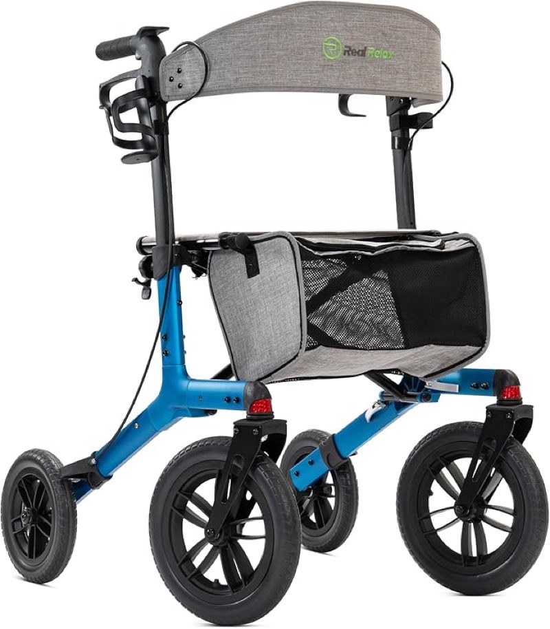 Real Relax All-Terrain Rollator with Seat, Outdoor Off Road Rolling Walker, Compact Folding, with 12” Non-Pneumatic Wheels, Storage Bag, for Seniors, Light Blue
