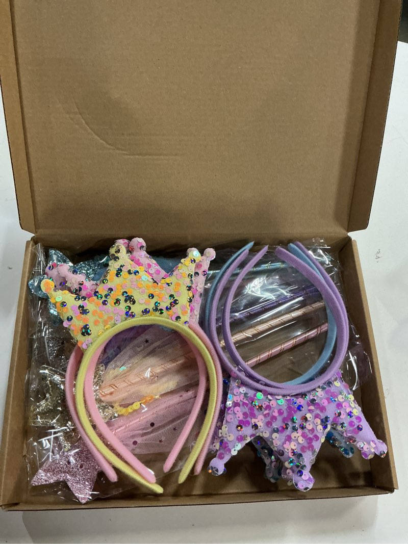 Condition photo showing New/Like New for 12 pcs princess party favors including 6 glitter star fairy wands and 6 sequin princess crown headbands for girls birthday party gifts