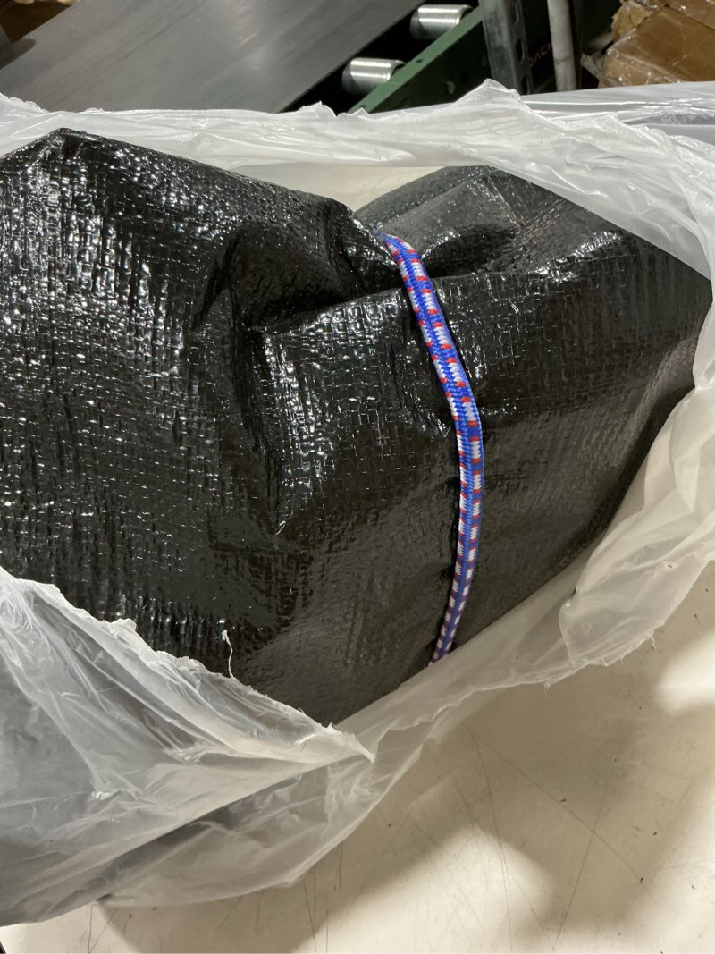Condition photo showing As Is for black tarps heavy duty waterproof 13x13, 12 mil thick, high durability, rip and tear resistant with metal grommets every 20 inches black 13 ft x 13 ft