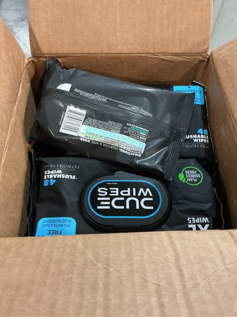 Condition photo showing New/Like New for dude wipes - flushable wipes - 8-pack, 384 count - unscented + mint chill travel pack 1-pack, 18-count - extra-large - vitamin-e & aloe - septic and sewer safe fragrance free 48 count (pack of 8)