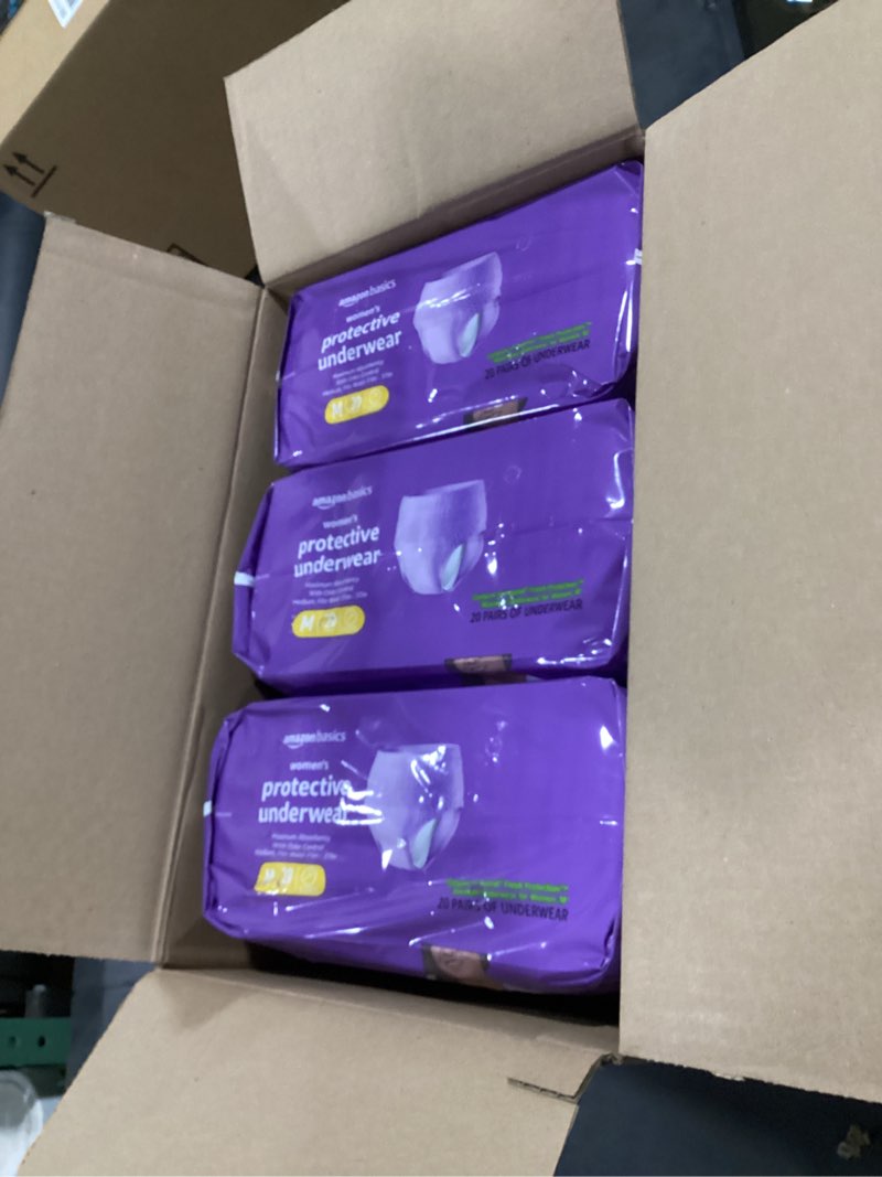 Condition photo showing New/Like New for amazon basics incontinence underwear for women, protective, disposable, postpartum, maximum absorbency, medium, lavender, 60 count (3 packs of 20) medium 60.0