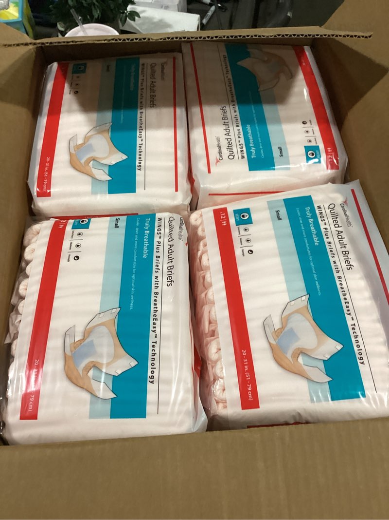 Cardinal Health™ Wings™ Plus Quilted Briefs with BreatheEasy™ Technology, Heavy Absorbency, Small, Adult Briefs, Disposable Incontinence Diapers with Refastenable Tabs – Case of 96 (8 Bags of 12)
