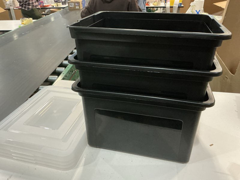 Condition photo showing As Is for ( incomplete ) iris usa file box, plastic file organizer with lids for letter/legal file, portable document box for moving, storage bin with durable and secure lid, stackable nestable bpa-free, black 35 qt. 4 pack